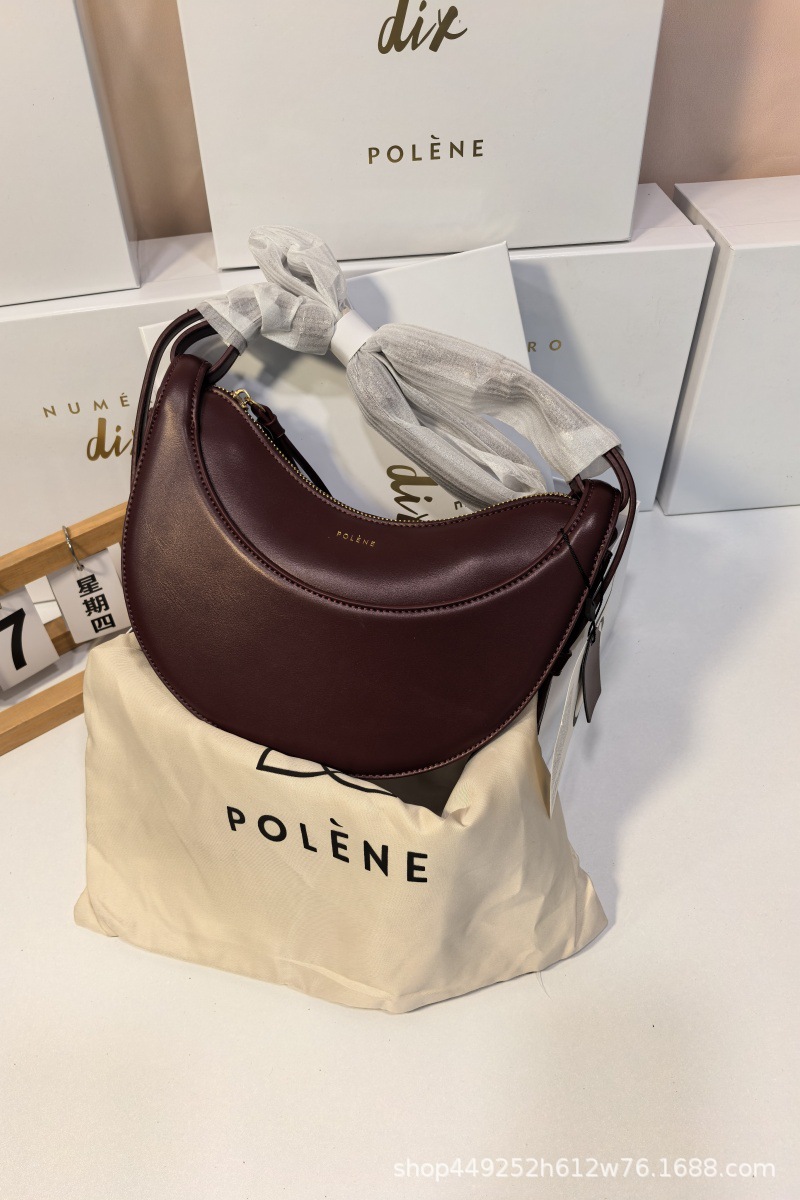 French Polene Style Niche Shoulder Crossbody Bag Women's Paris Genuine Leather Crescent Moon Bag Lychee Grain Saddle Bag - Thumbnail 14