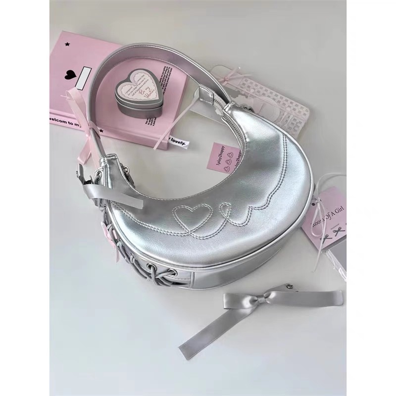 2025 New Sweet & Cool Crescent Underarm Bag - Heart Embroidery Shoulder Bag for Girls - Thumbnail 4