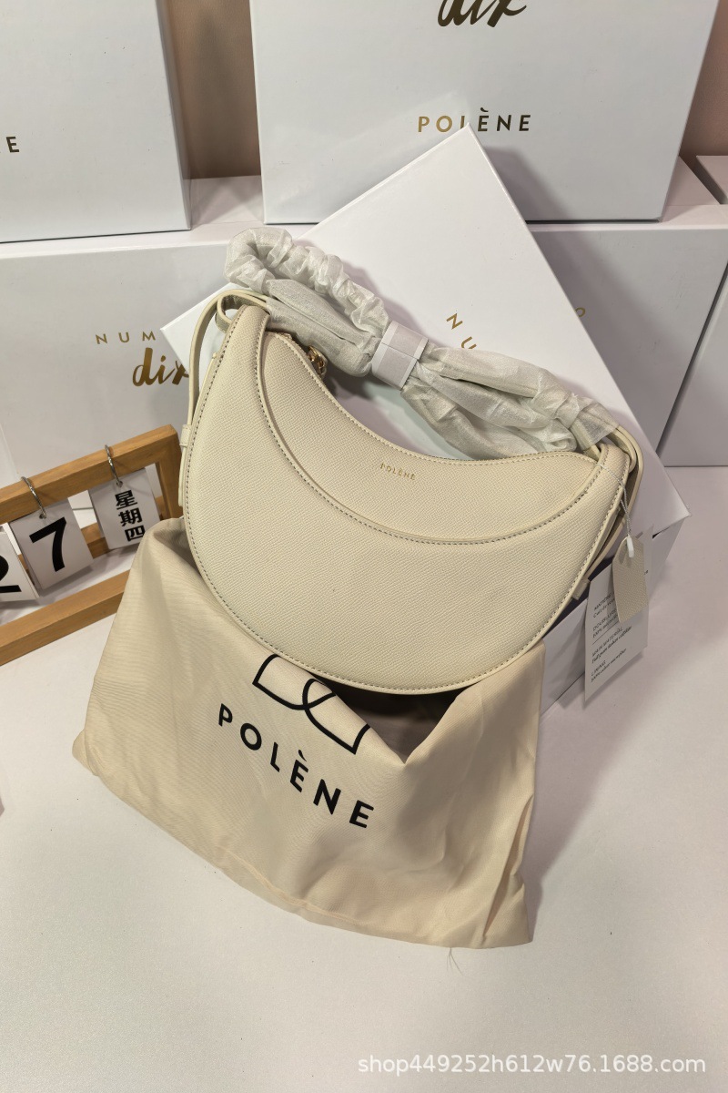 French Polene Style Niche Shoulder Crossbody Bag Women's Paris Genuine Leather Crescent Moon Bag Lychee Grain Saddle Bag - Thumbnail 10