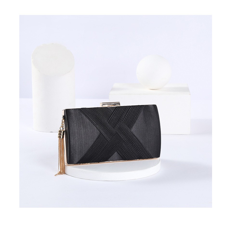 Silk Satin Woven Fringed Evening Clutch Bag with Chain Strap for Women - Thumbnail 5