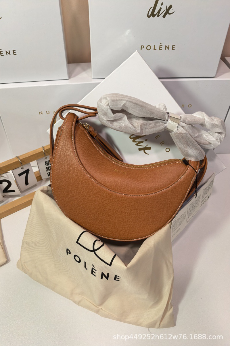 French Polene Style Niche Shoulder Crossbody Bag Women's Paris Genuine Leather Crescent Moon Bag Lychee Grain Saddle Bag - Thumbnail 13