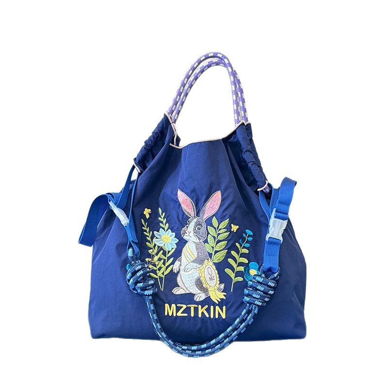 Embroidered Nylon Tote Bag - Large Capacity Canvas Crossbody Bag for Commuting - Thumbnail 5