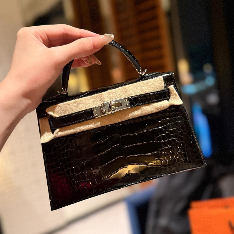 Crocodile Pattern Mini Kelly Bag - Genuine Leather Fashion Crossbody & Shoulder Bag - Thumbnail 3