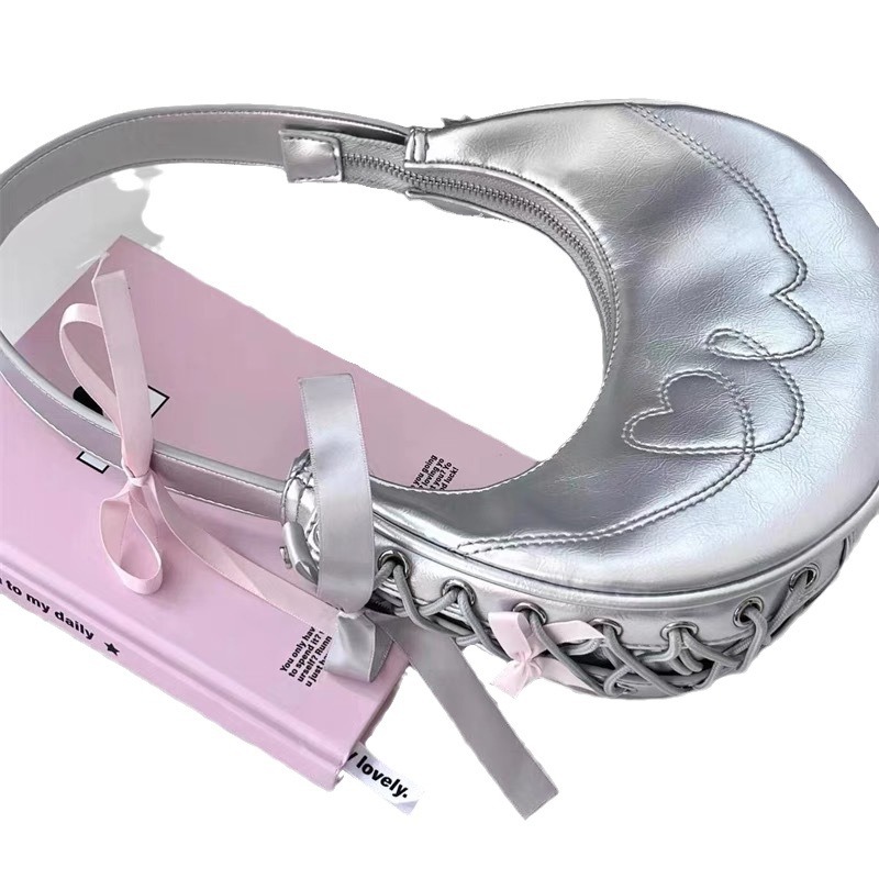 2025 New Sweet & Cool Crescent Underarm Bag - Heart Embroidery Shoulder Bag for Girls - Thumbnail 5