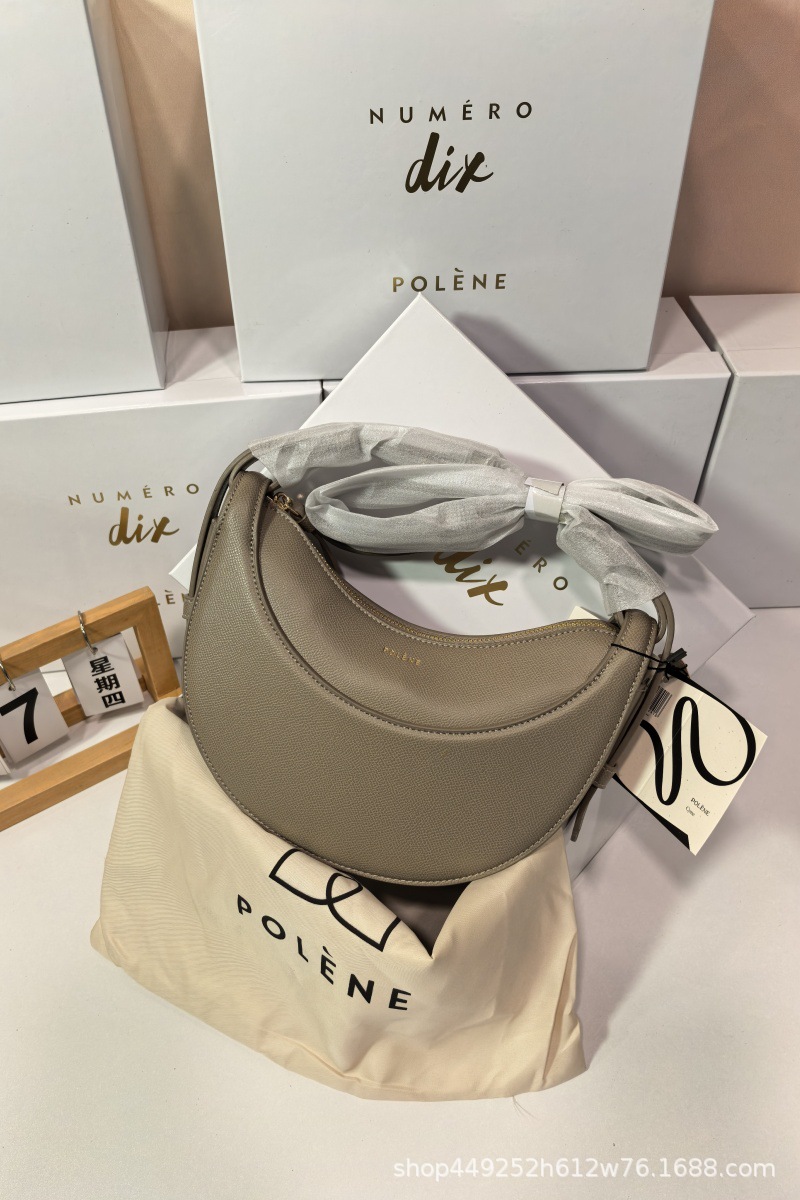 French Polene Style Niche Shoulder Crossbody Bag Women's Paris Genuine Leather Crescent Moon Bag Lychee Grain Saddle Bag - Thumbnail 16