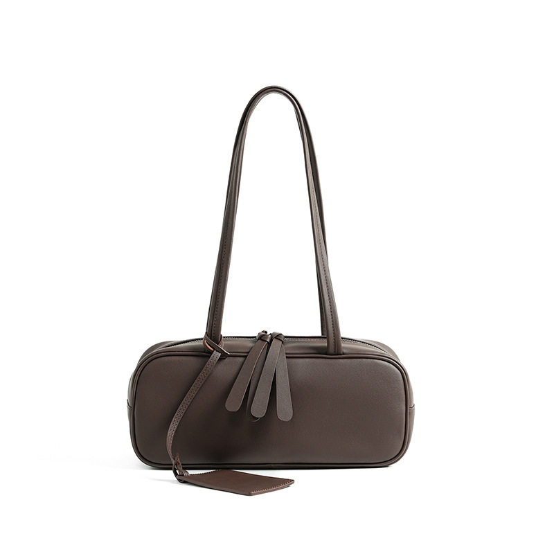 Top Grain Leather Bowling Bag for Women Korean Style Commuter Niche Baguette Style High-End Underarm Bag - Thumbnail 7