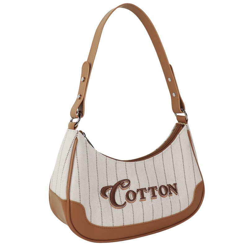 Custom Embroidered Underarm Bag - Niche Crescent Moon Shoulder Bag, American Vintage Striped Canvas Bag - Thumbnail 5