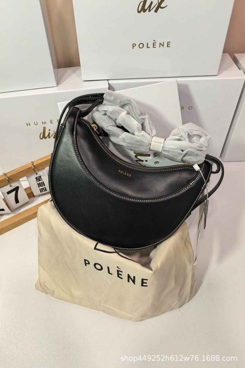 French Polene Style Niche Shoulder Crossbody Bag Women's Paris Genuine Leather Crescent Moon Bag Lychee Grain Saddle Bag - Thumbnail 15