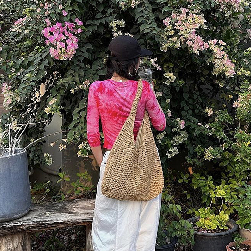 cm Large Capacity Canvas Straw Bag Summer Beach Vacation Woven Shoulder Bag - Thumbnail 2