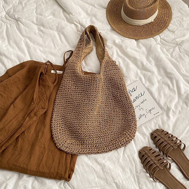 cm Large Capacity Canvas Straw Bag Summer Beach Vacation Woven Shoulder Bag - Thumbnail 3