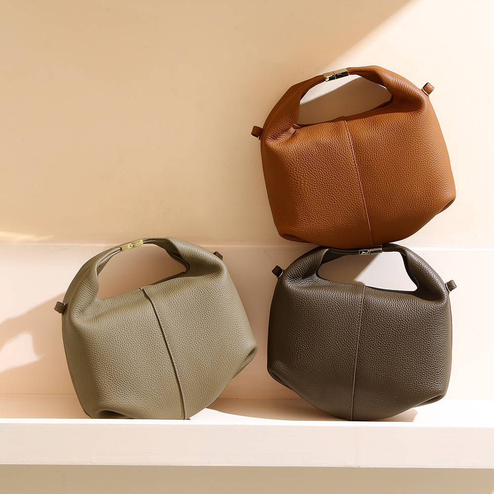 French Style Genuine Leather Handbag - Textured Cowhide Commuter Tote Bag - Thumbnail 3