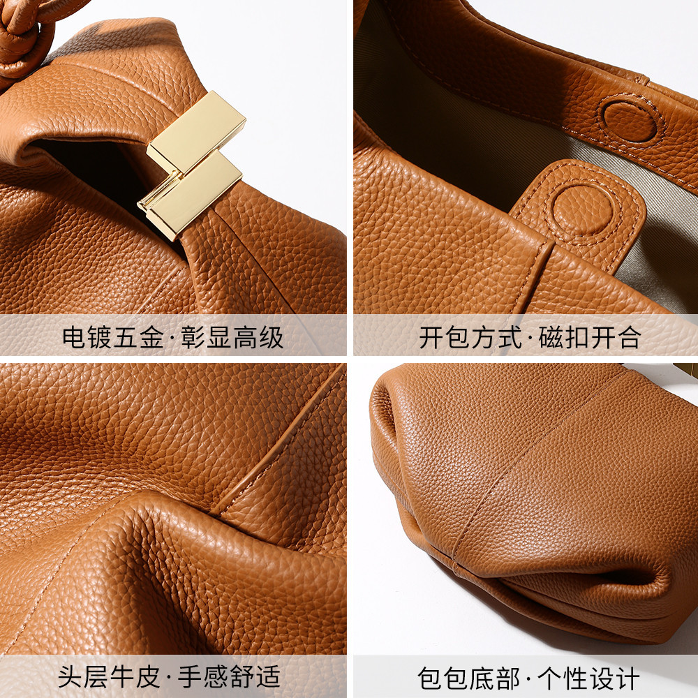 French Style Genuine Leather Handbag - Textured Cowhide Commuter Tote Bag - Thumbnail 4