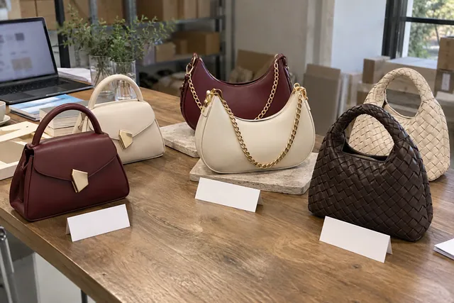 AI illustration of burgundy, cream and chocolate handbags grouped by style and color.