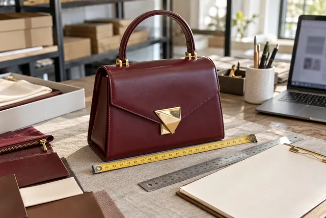 AI illustration of a structured burgundy handbag sample beside measuring tools and an inspection sheet.
