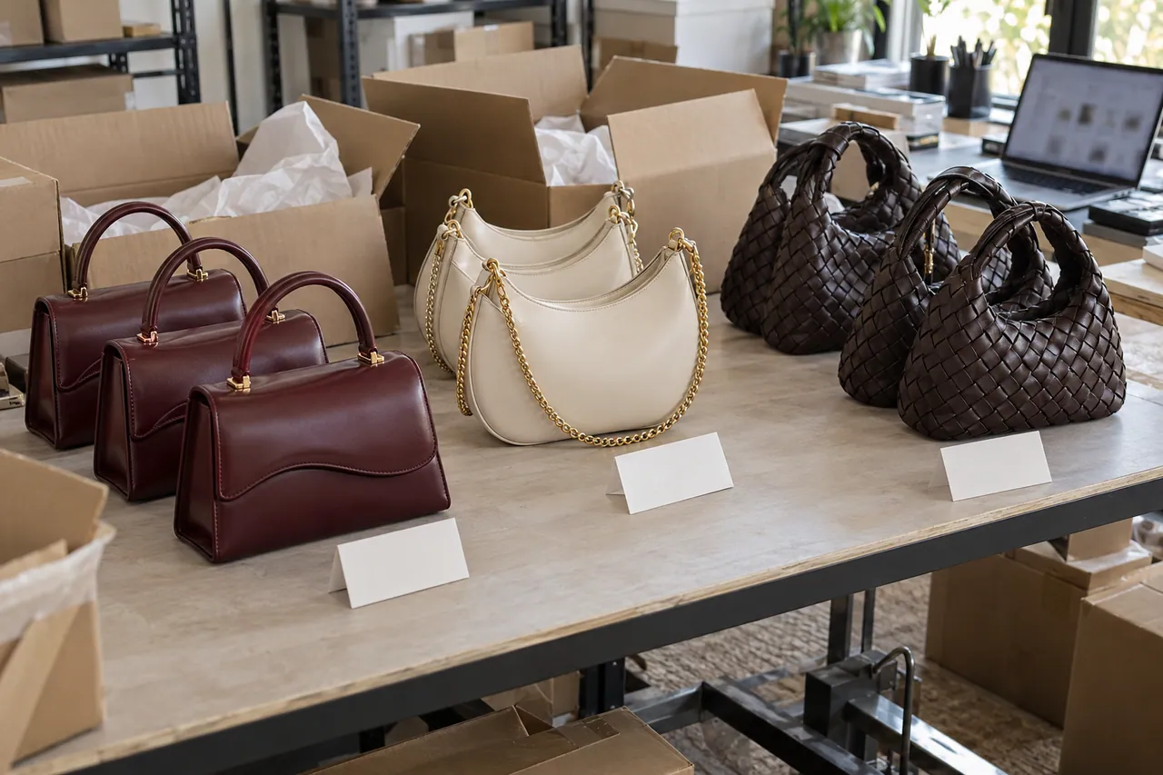 AI illustration of fashion handbags sorted into three groups beside open cartons.