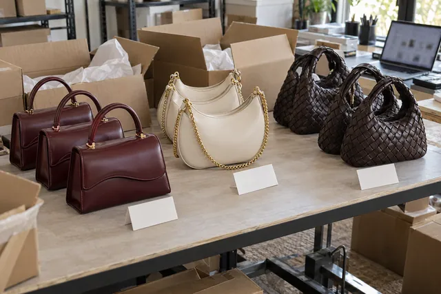 AI illustration of fashion handbags sorted into three groups beside open cartons.
