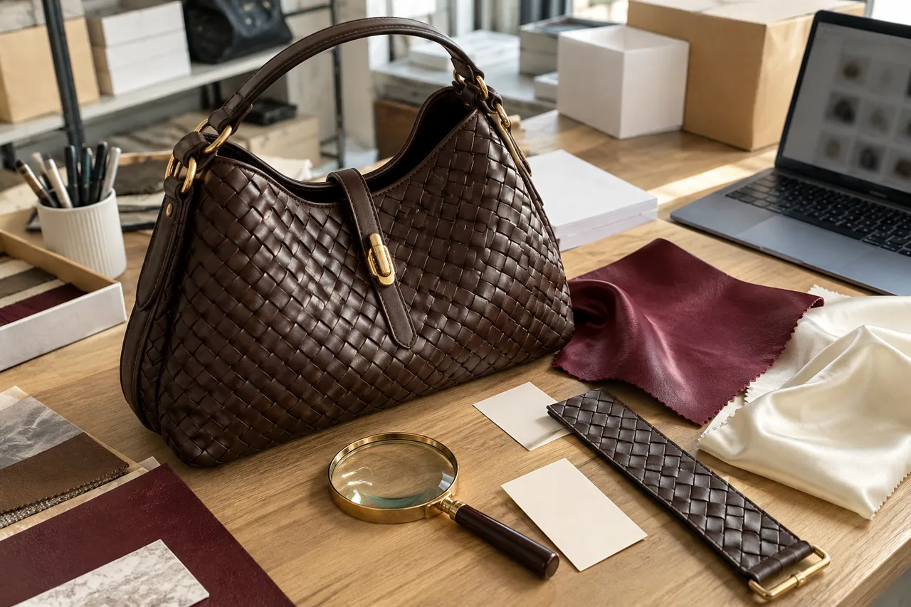 AI illustration of a chocolate woven handbag with material, strap and lining samples and a magnifier.