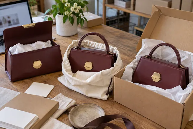 AI illustration comparing tissue filling, dust-bag and carton protection for burgundy handbags.