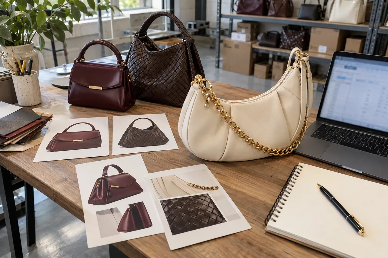 AI illustration of a cream chain shoulder bag, fashion reference cards and a blurred procurement spreadsheet.