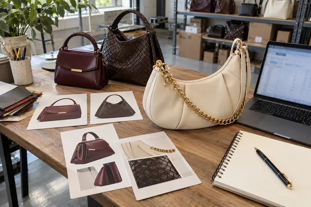 AI illustration of a cream chain shoulder bag, fashion reference cards and a blurred procurement spreadsheet.