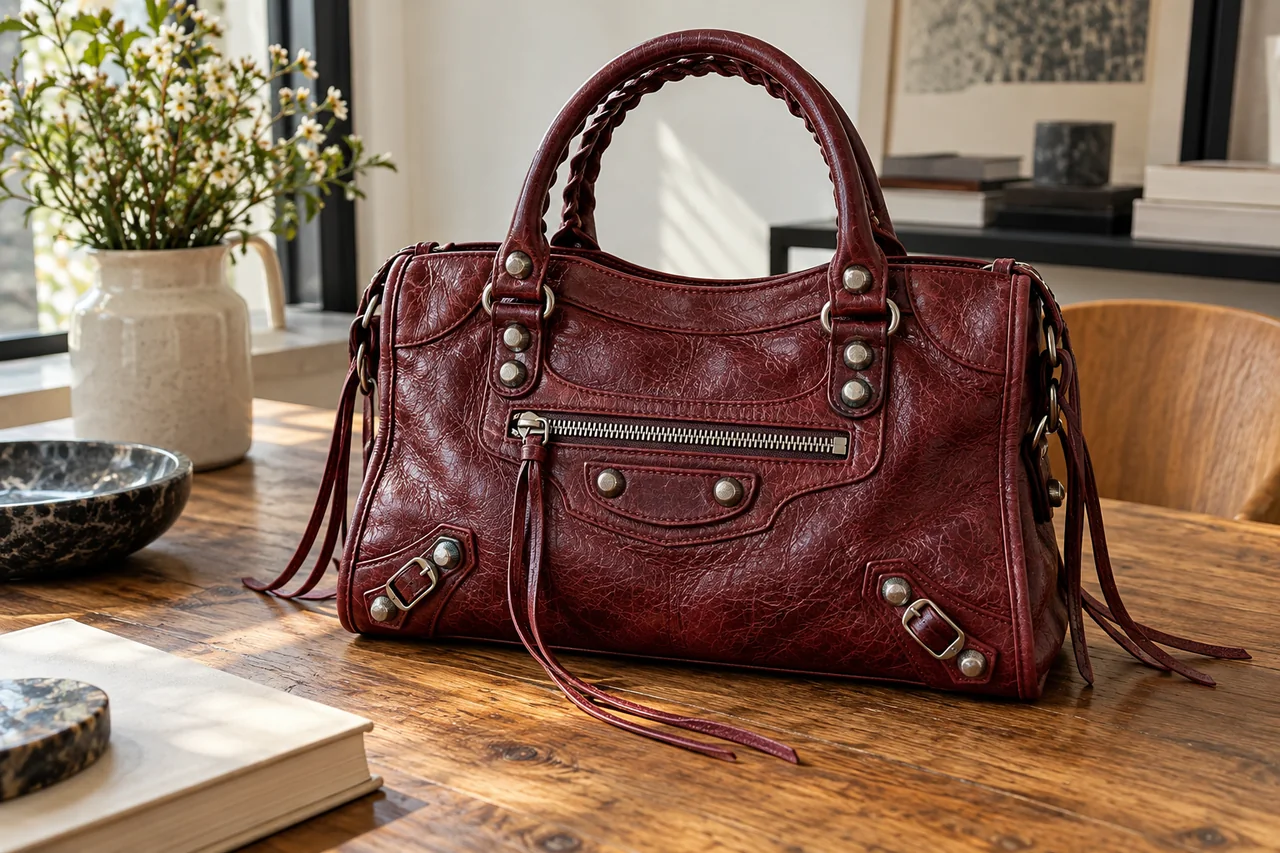 AI editorial illustration inspired by Balenciaga aesthetics: burgundy studded bag.