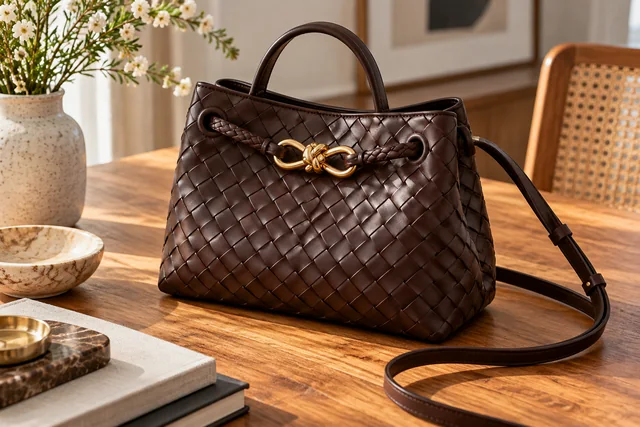 AI editorial illustration inspired by Bottega Veneta aesthetics: chocolate woven bag.