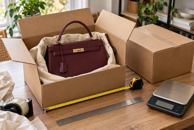 AI illustration of a packed handbag, shipping cartons, measuring tape and parcel scale.