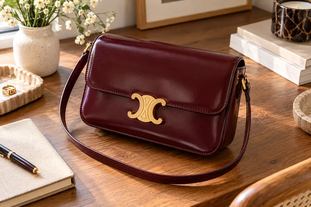 AI editorial illustration inspired by Celine aesthetics: oxblood flap bag.