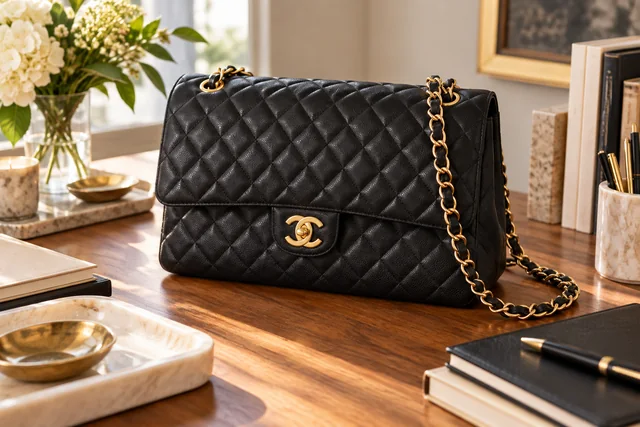 AI editorial illustration inspired by Chanel aesthetics: black quilted chain bag.