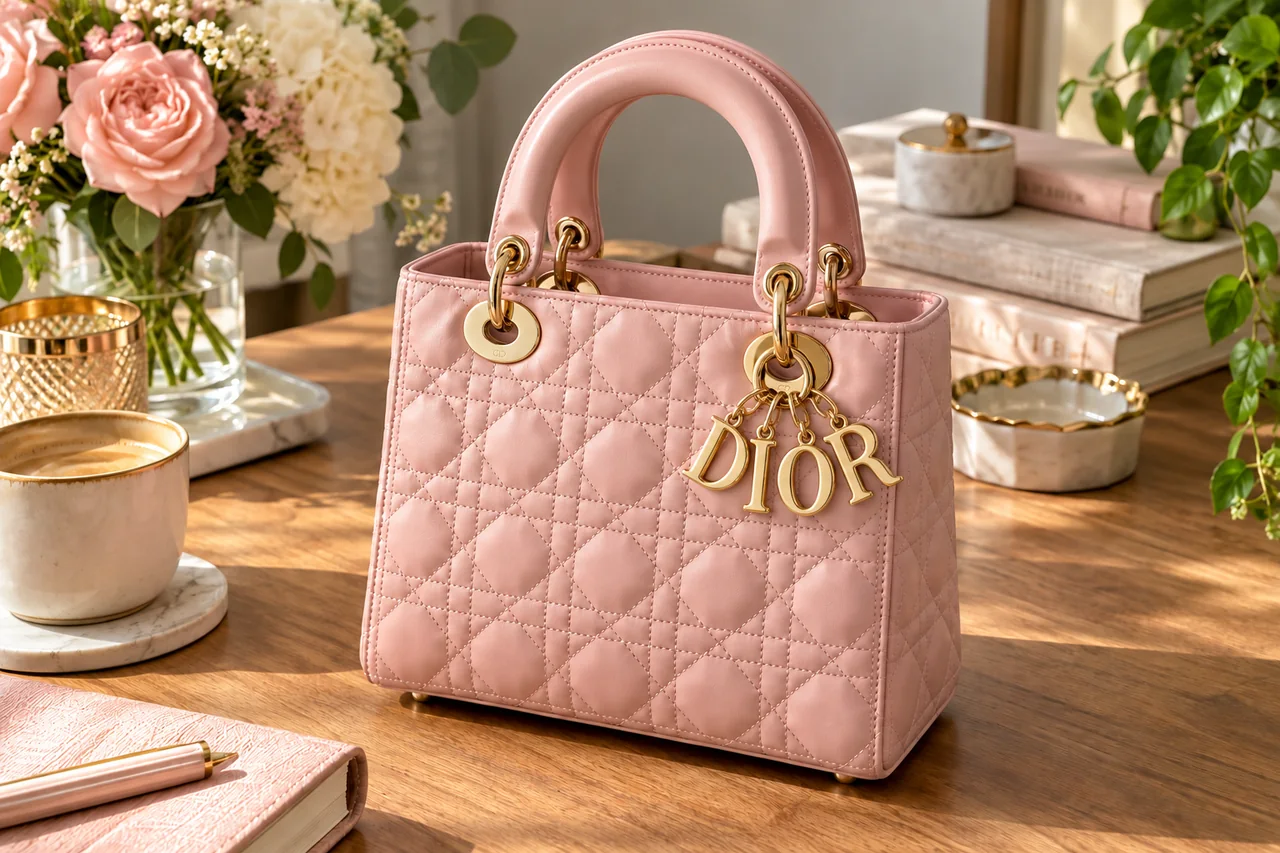 AI editorial illustration inspired by Dior aesthetics: pink quilted top-handle bag.