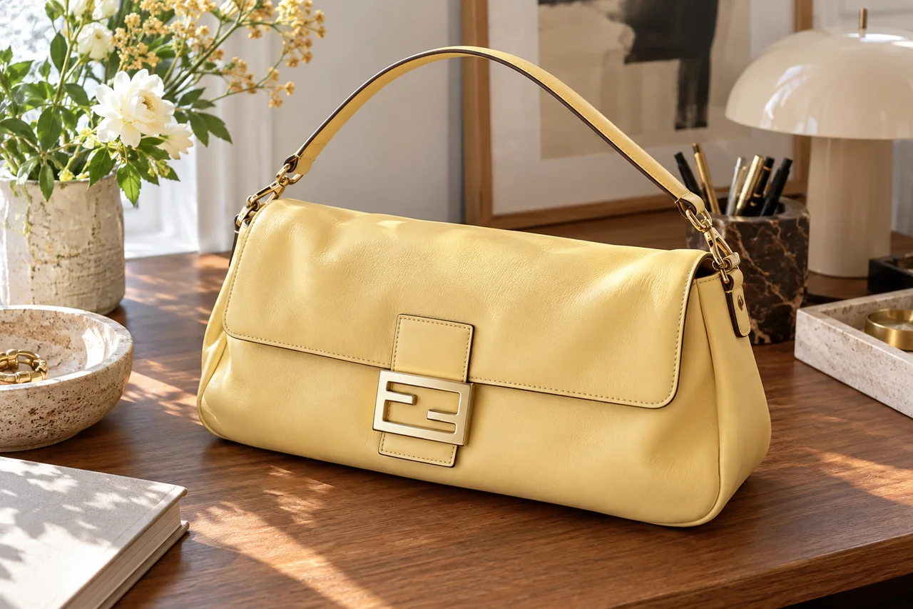 AI editorial illustration inspired by Fendi aesthetics: yellow flap shoulder bag.