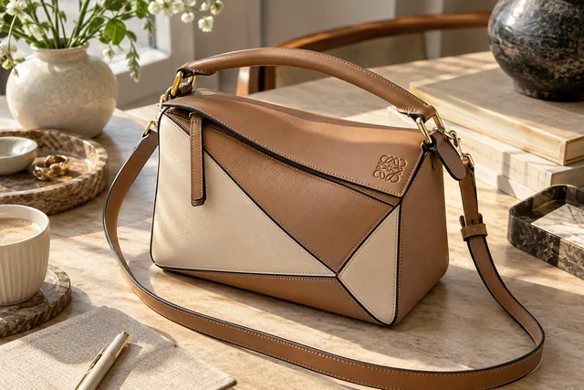 AI editorial illustration inspired by Loewe aesthetics: tan geometric-panel bag.