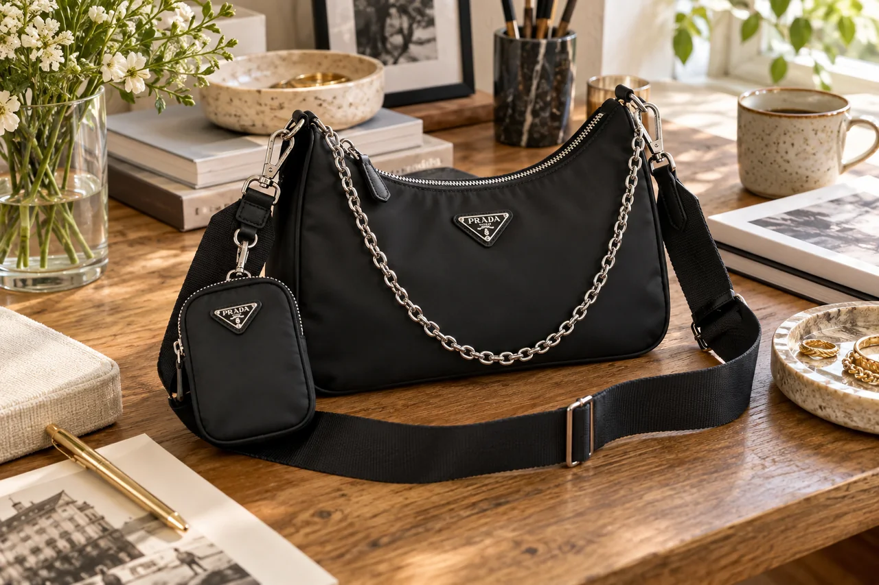 AI editorial illustration inspired by Prada aesthetics: black nylon shoulder bag.