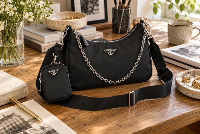 AI editorial illustration inspired by Prada aesthetics: black nylon shoulder bag.