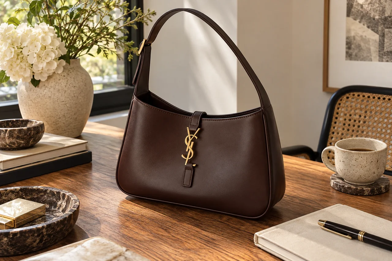 AI editorial illustration inspired by Saint Laurent aesthetics: chocolate shoulder bag.