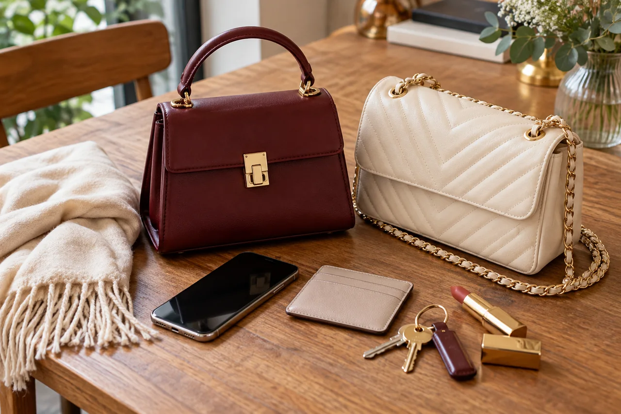 AI illustration of small handbags with a phone, cardholder, keys, lipstick and scarf.