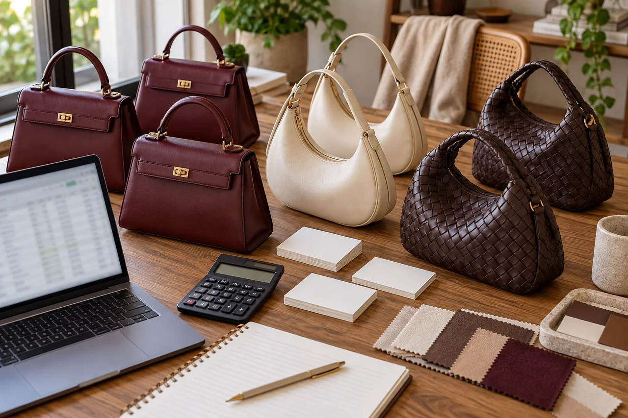 AI illustration of handbag samples, a calculator and a blurred budgeting spreadsheet.