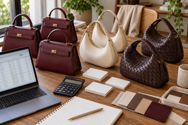 AI illustration of handbag samples, a calculator and a blurred budgeting spreadsheet.