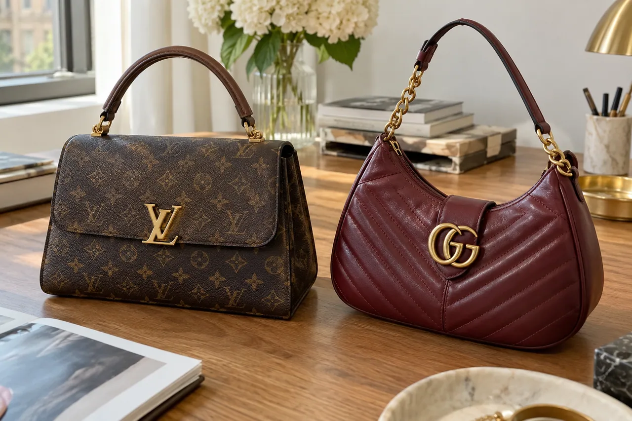 AI editorial illustration of a brown LV-logo handbag and a burgundy GG-logo shoulder bag on a table.