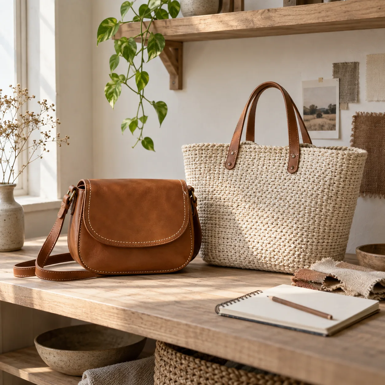 Illustrative handmade leather bag and woven tote in a craft studio