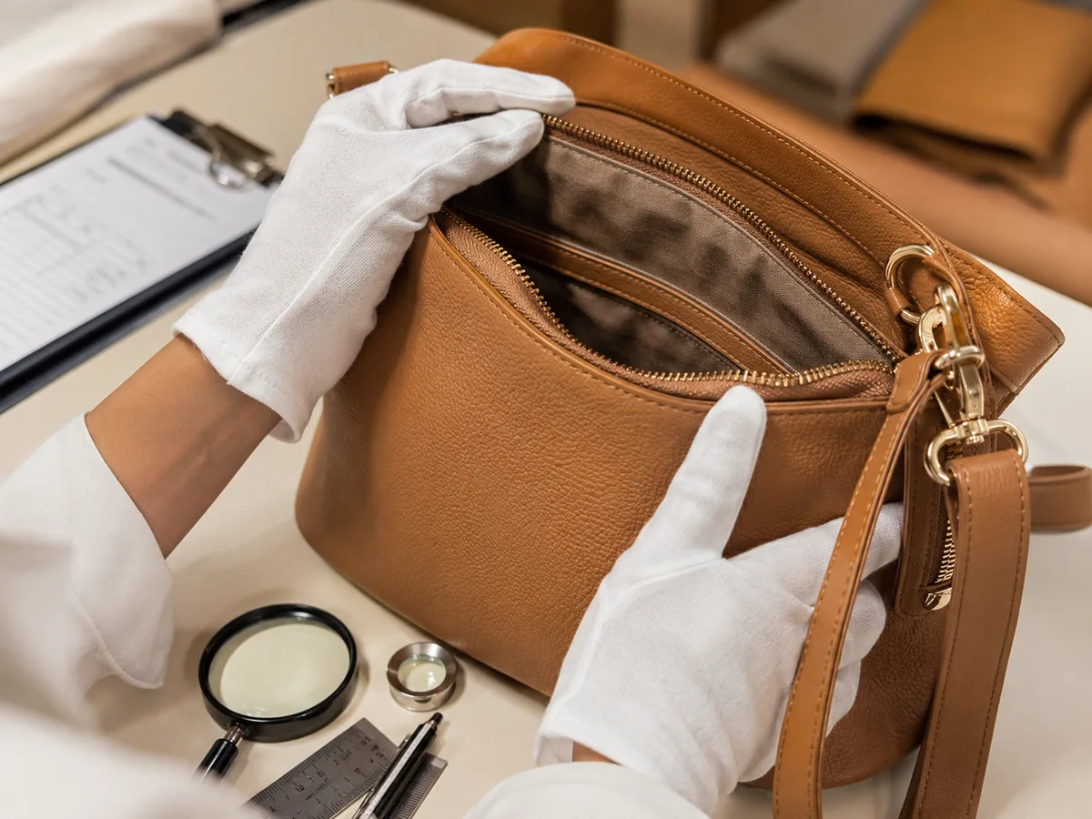 Close-up of handbag QC inspection for stitching, zipper, hardware, and lining