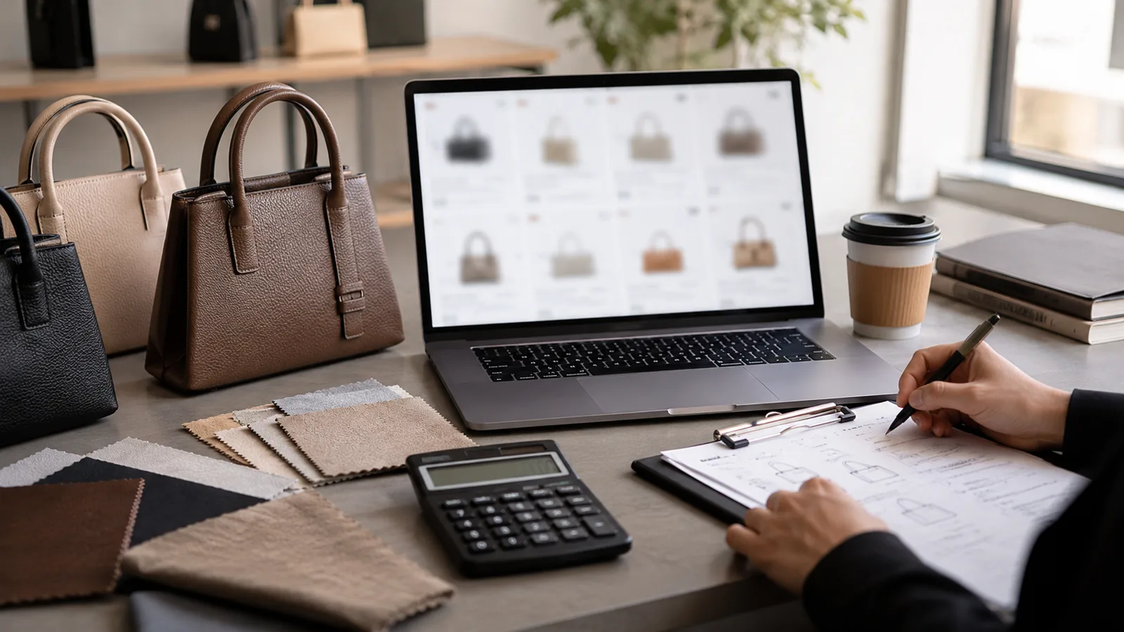 Bag sourcing agent workspace with handbag samples, swatches, and supplier comparison notes