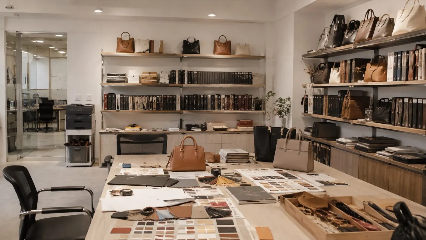 Bag samples, leather swatches and reference boards laid out across the sample review table