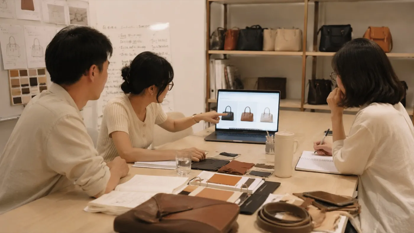 The 1688 Bags sourcing team reviewing bag samples and material swatches together