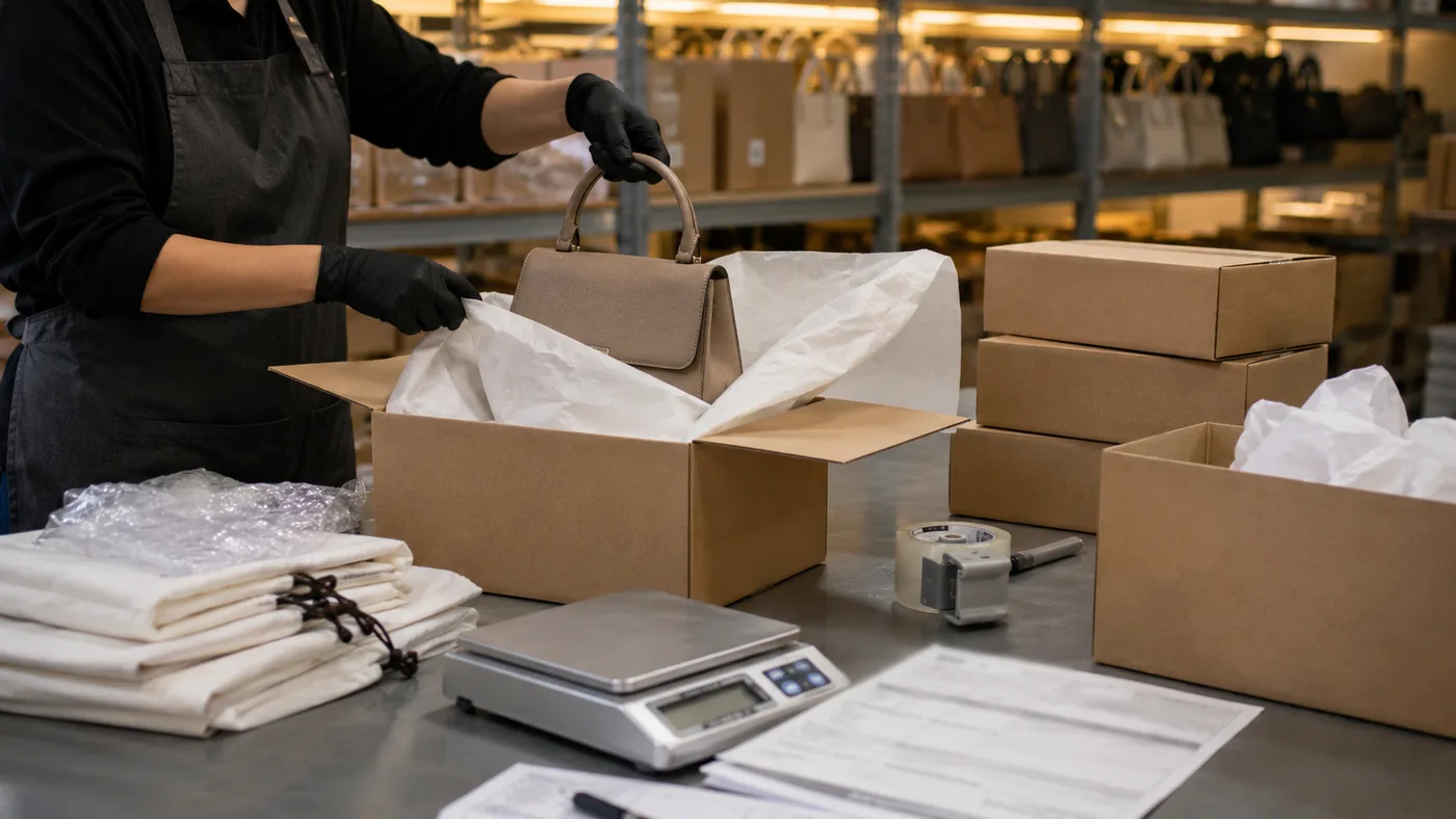 Handbags being repacked with protective material for DDP delivery