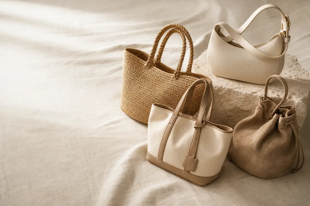 Woven raffia, cream leather, canvas, and suede bags grouped on draped beige linen