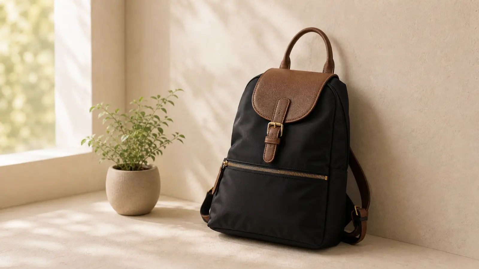 A compact women's nylon backpack with leather trim propped against a pale wall