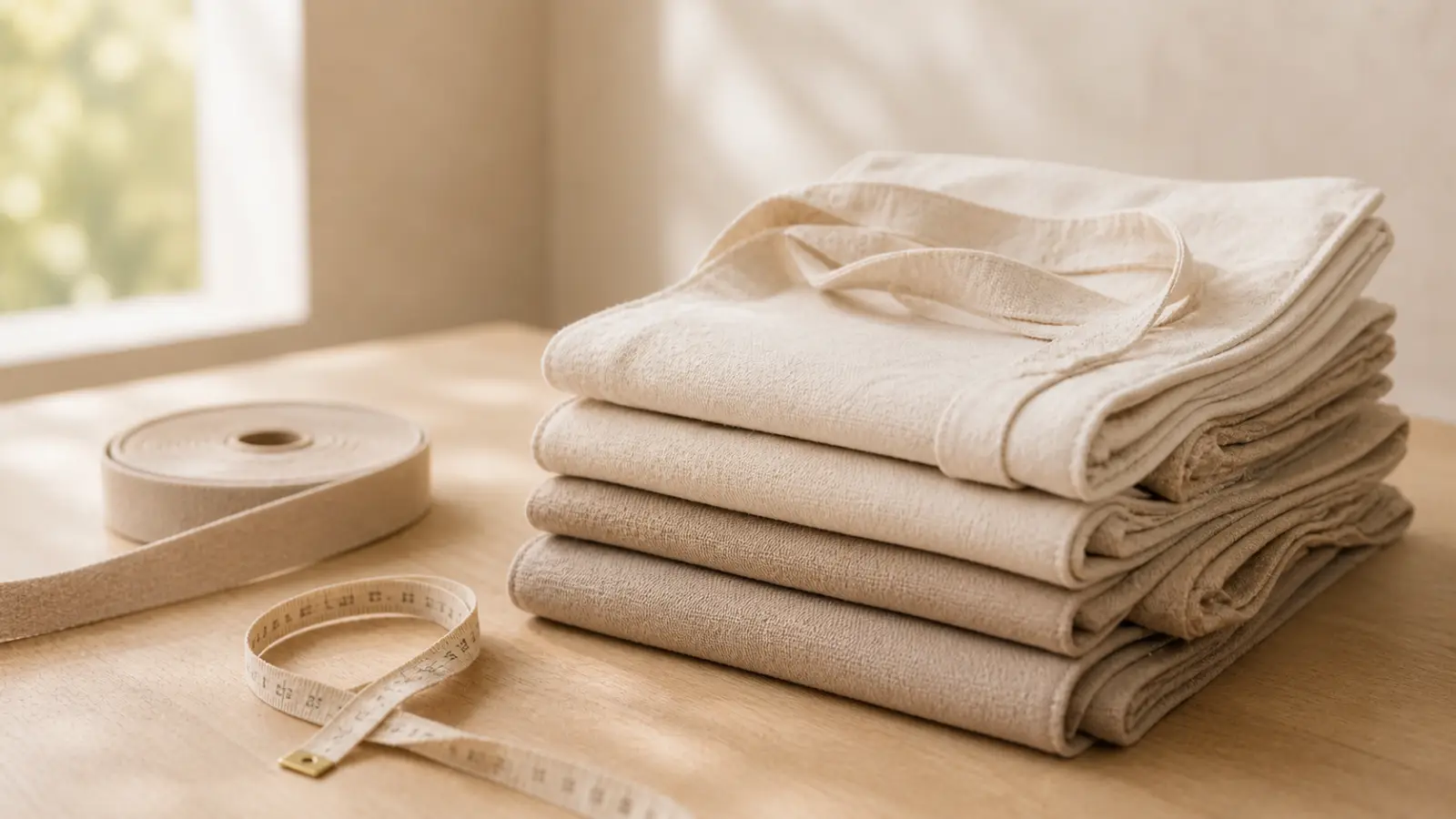 Folded natural canvas tote bags stacked beside cotton webbing and a measuring tape