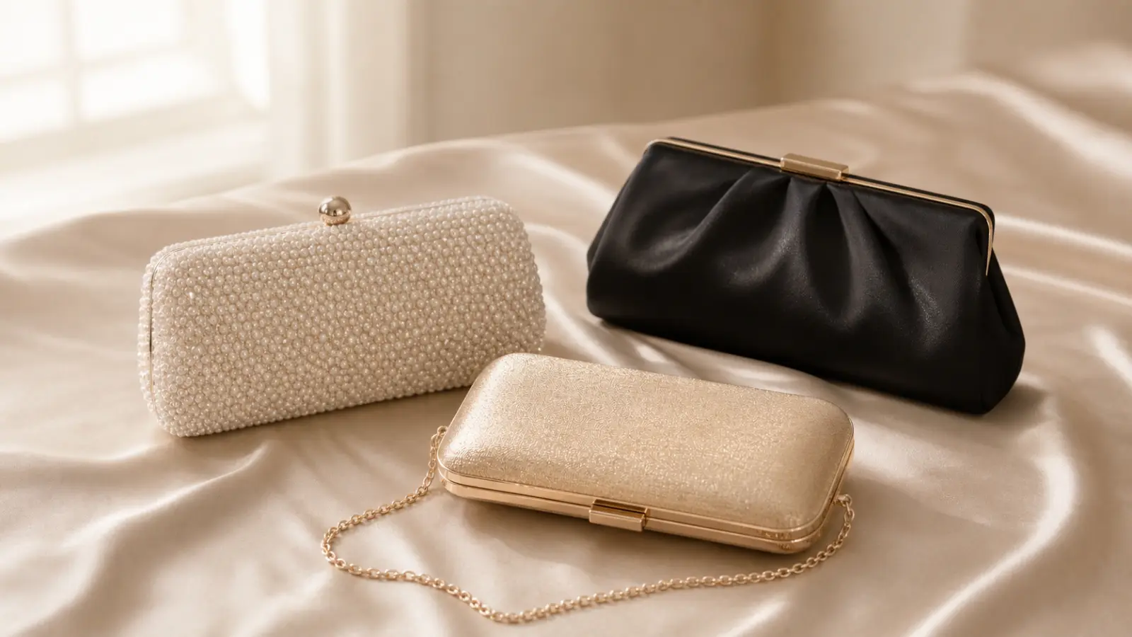 Three evening clutches in pearl beading, black satin, and gold chain on cream silk