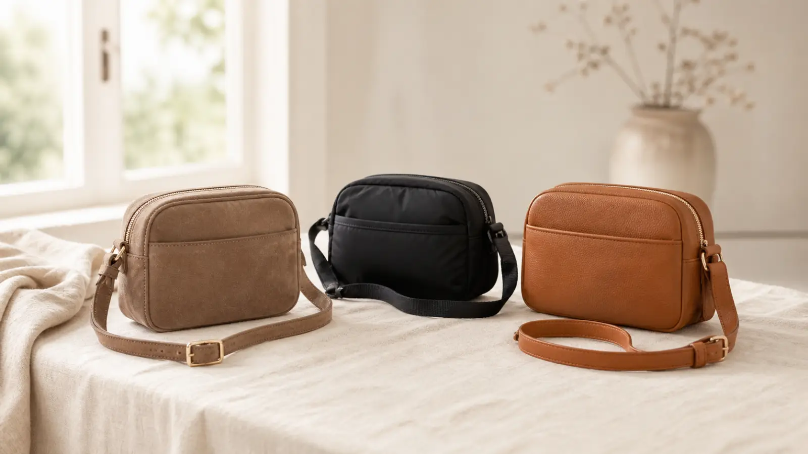 Three crossbody bags in suede, nylon, and leather laid out on a pale linen surface